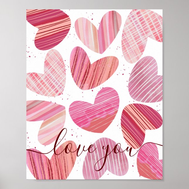 Liebe Sie Valentine Pink Wasserfarbenherzen Poster (Vorne)