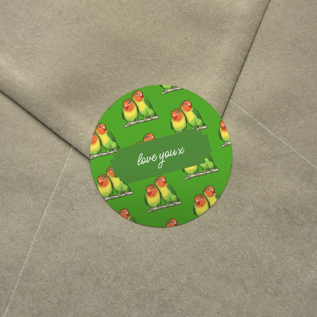 Liebe Sie x Hinzufügen Ihrer Text Lovebirds Valent Runder Aufkleber (Von Creator hochgeladen)