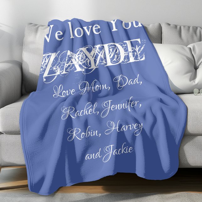 Liebe Sie Zayde Grandpa-Skriptnamen Classic Blue Fleecedecke ('We Love You ZAYDE' personalized soft blue fleece blanket.)
