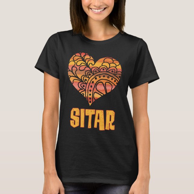 Liebe Sitar Orange Mandala Herz indische Musik T-Shirt (Vorderseite)