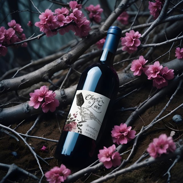 Liebe Skeleton Hand Floral Gothic Bridal Weinetikett (Cheers to Love Skeleton Hand Floral Gothic Bridal Wine Label)