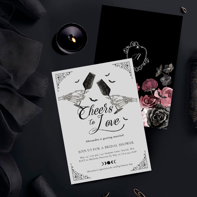 Liebe Skeleton Hand Gothic Brautparty Einladung (Cheers to Love Skeleton Hand Gothic Bridal Shower Invitation)