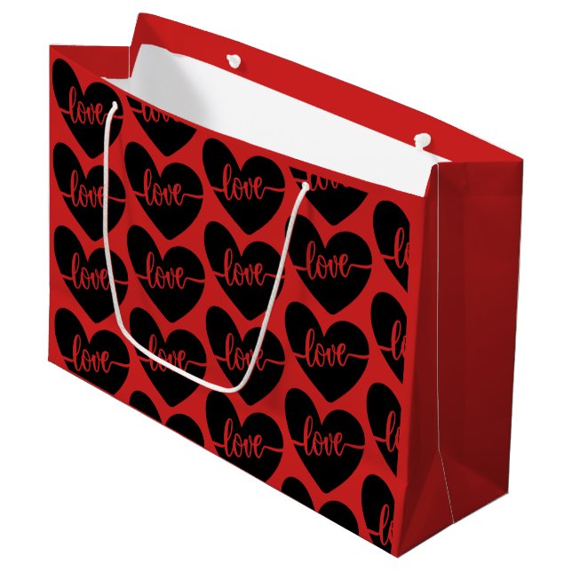 Liebe Skript Herz Red Black Pattern Valentine's Große Geschenktüte (Vorderseite Schrägansicht)