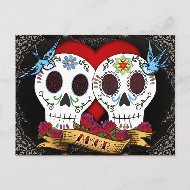 Liebe Skulls Day of the Dead Postcard Postkarte (Vorderseite)
