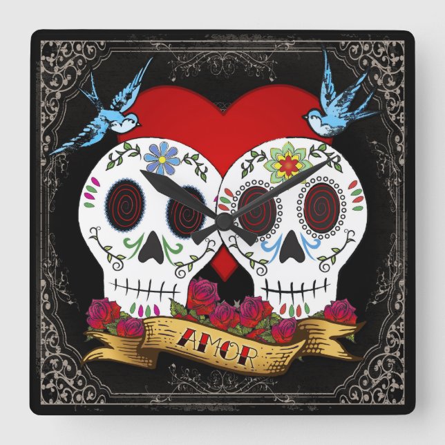Liebe Skulls Square Wall Clock Quadratische Wanduhr (Vorderseite)