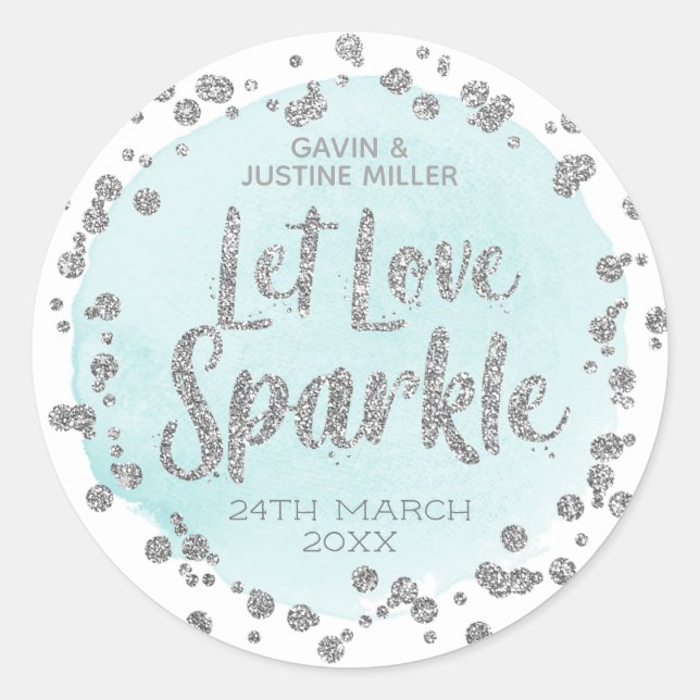 Liebe Sparkle Blau gelassen mit Silver Confetti We Runder Aufkleber (Vorderseite)