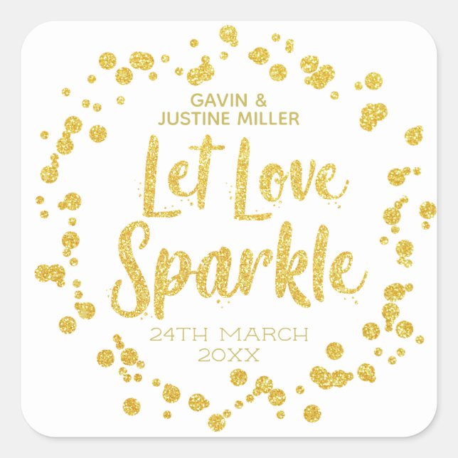 Liebe Sparkle Gold Confetti auf der White Wedding Quadratischer Aufkleber (Vorderseite)