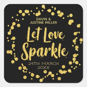 Liebe Sparkle Schwarz mit goldener Confetti-Hochze Quadratischer Aufkleber