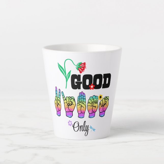 Liebe sprechen. Gute Vibes wecken Milchtasse (Vorderseite)