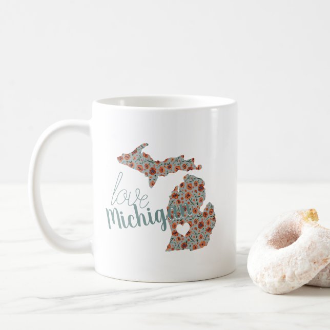 Liebe Staat von Michigan Poppies Blumenmuster Kaffeetasse (Mit Donut)