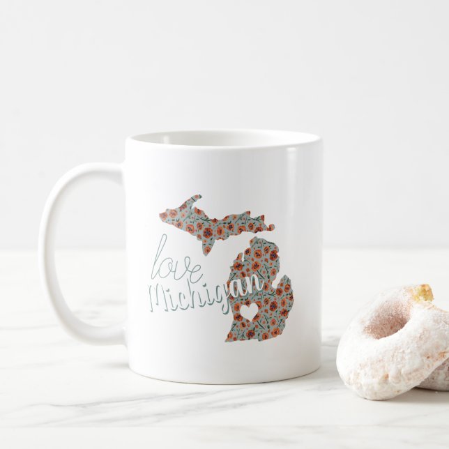 Liebe Staat von Michigan Poppies Blumenmuster Kaffeetasse (Mit Donut)