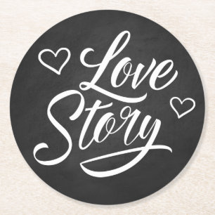 Liebe Story Chalkboard Bridal Black Wedding Runder Pappuntersetzer