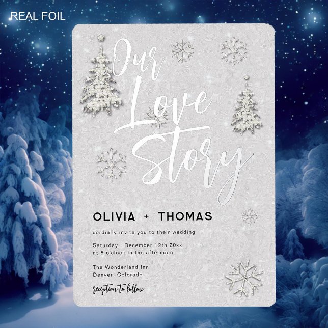 Liebe Story Winter Wonderland Schneeflocken Hochze Folieneinladung (winter wonderland snowflakes pine trees love story wedding invitation elegant romantic silver foil)