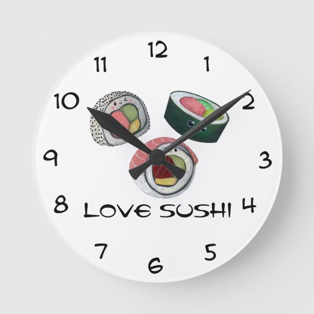 Liebe-Sushi Runde Wanduhr (Vorderseite)