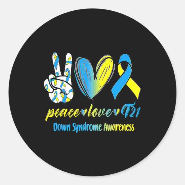 Liebe T21 Blue Yellow Ribbon Down Syndrome Awarene Runder Aufkleber (Vorderseite)