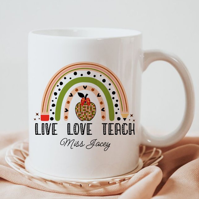 Liebe Teach Inspirierte Rainbow Lehrer Wertschätzu Kaffeetasse (LIVE LOVE TEACH RAINBOW Personalized Name Teacher mug, teacher gift, teacher appreciation gifts mug)