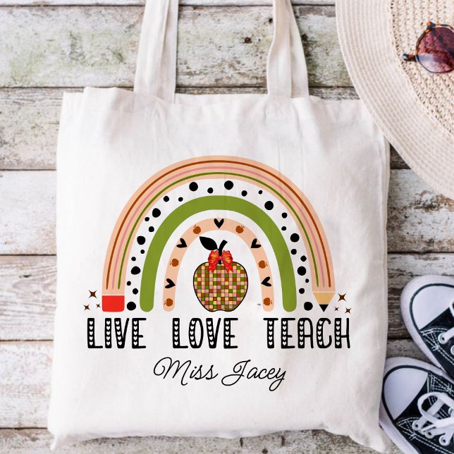Liebe Teach Inspirierte Rainbow Lehrer Wertschätzu Tragetasche (LIVE LOVE TEACH RAINBOW Personalized Name Teacher tote bag, teacher gift, teacher appreciation )