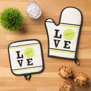 Liebe Tennis Ball Personalisierter Name Oven Mitt Ofenhandschuh & Topflappen-Set