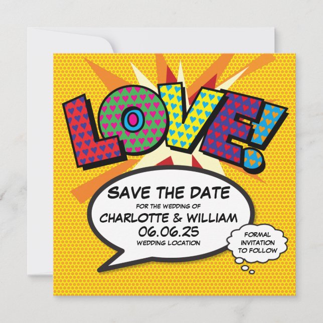 LIEBE Termin merken Lustig Retro Comic Buch Pop Ar Save The Date (Vorderseite)