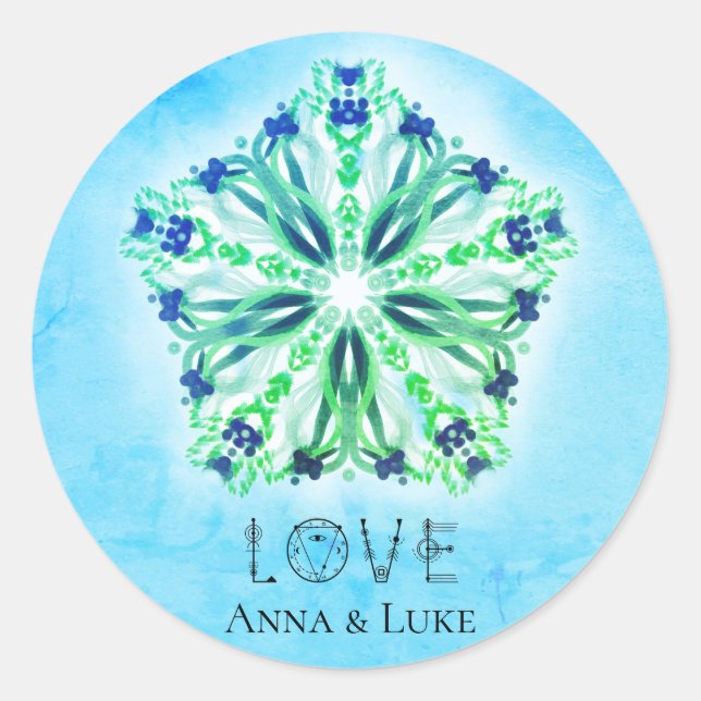 *~* LIEBE Türkis Lila Star Mandala Runder Aufkleber (Vorderseite)