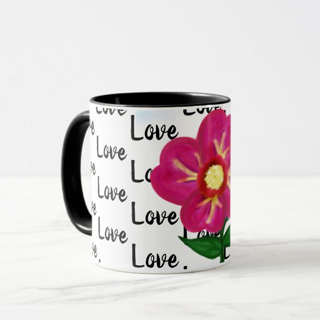 Liebe Typografie Bright Vivid Pink Blume Tasse (Vorderseite Links)
