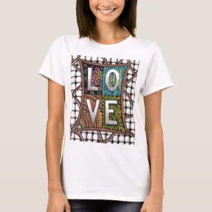 Liebe-Typografie Intricate Line Art Doodle-Muster T-Shirt
