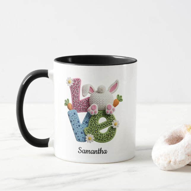 Liebe-Typografie-Osterhase-Häkel-Name Tasse (Mit Donut)
