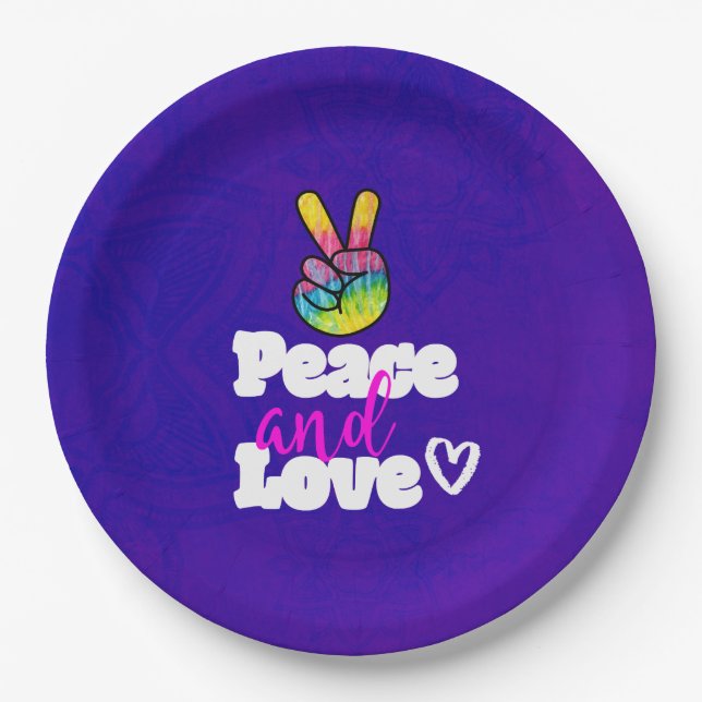 Liebe Typografie Rainbow Hand Peace Sign Pappteller (Vorderseite)