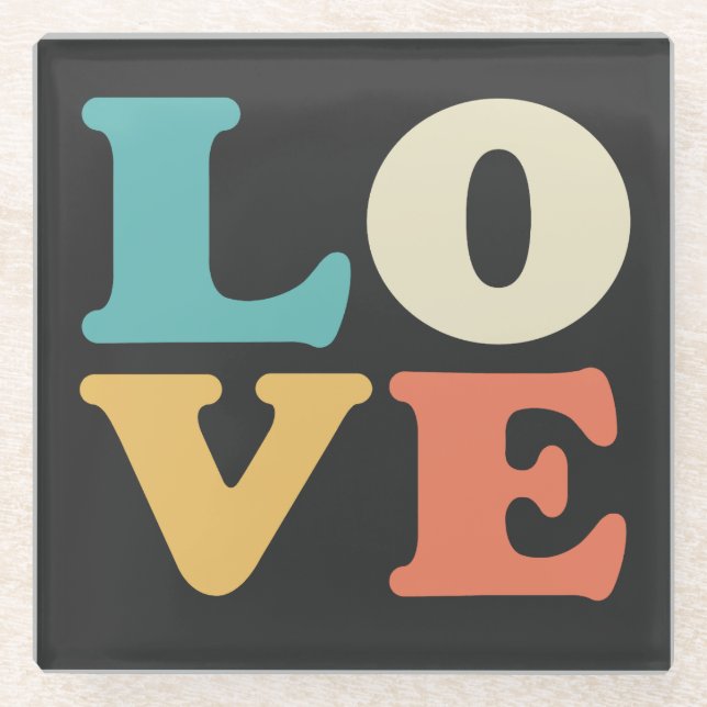 Liebe Typografie Retro Color Square Glasuntersetzer (Vorderseite)