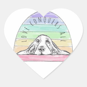 Liebe überwindet alles Hund Regenbogen Basset Houn Herz-Aufkleber