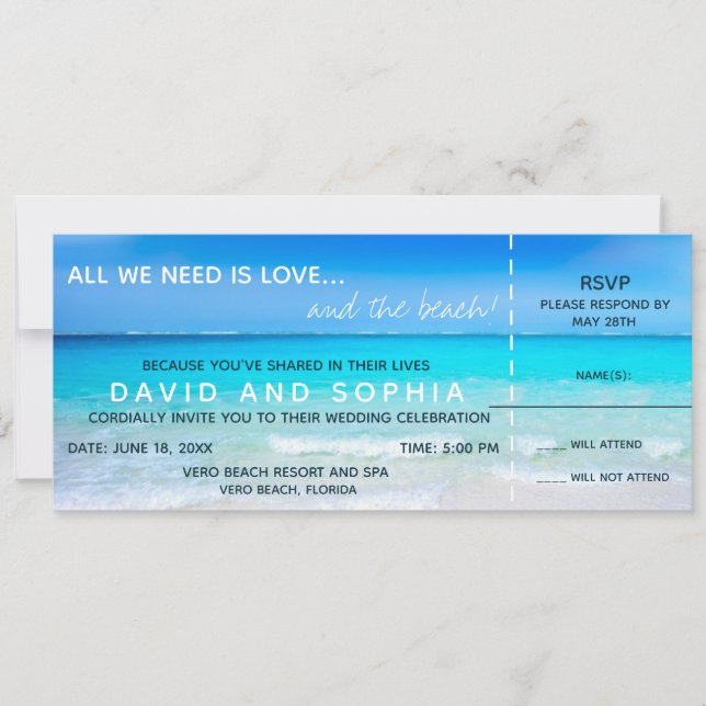 Liebe und Beach Boarding Pass Hochzeit RSVP Einladung (Vorderseite)