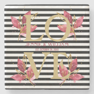 LIEBE und Blume auf Black Stripes Hochzeitstag Steinuntersetzer