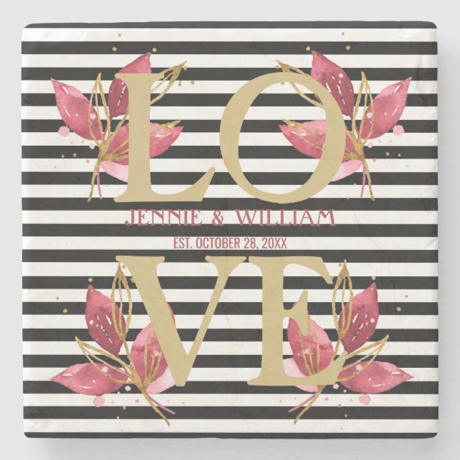 LIEBE und Blume auf Black Stripes Hochzeitstag Steinuntersetzer (Vorderseite)