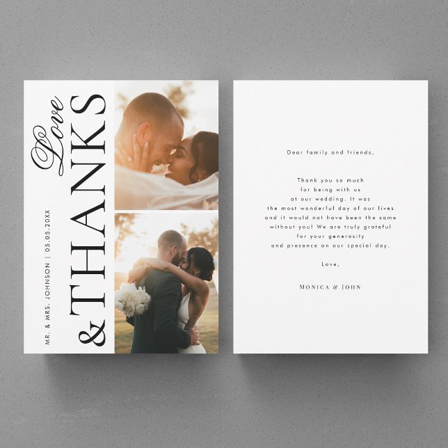 Liebe und Dank 2 Moderne Fotos Elegante Hochzeit Dankeskarte (Von Creator hochgeladen)