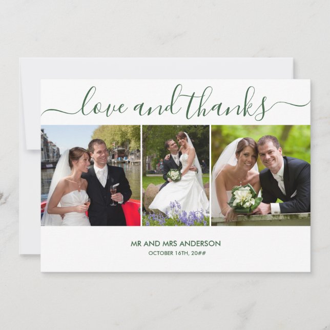 Liebe und Dank 3 Wedding Foto Hunter Green Dankeskarte (Vorderseite)