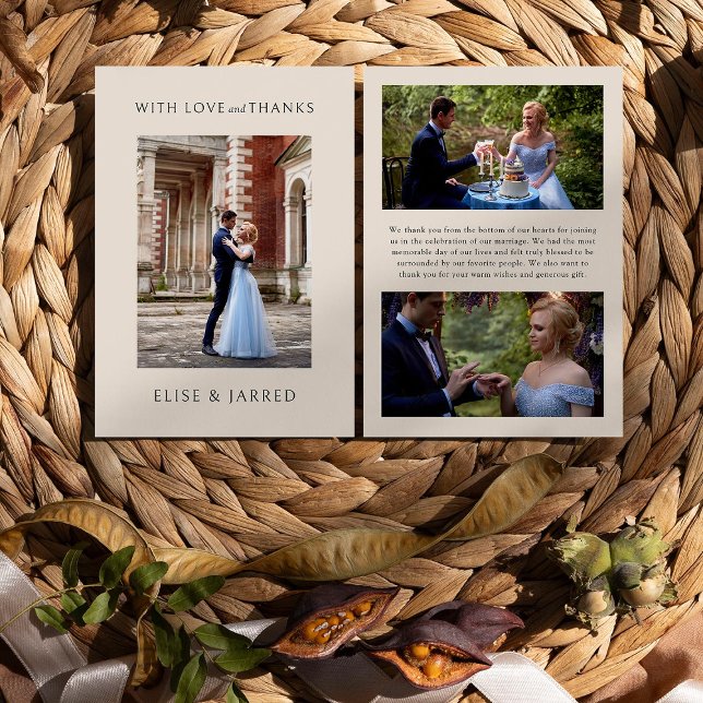 Liebe und Dank 3x Hochzeit Foto Elegant Dankeskarte (Wedding Photo thank you cards from Rustic Floral Brown Neutral Wedding Collection by Darling & May)
