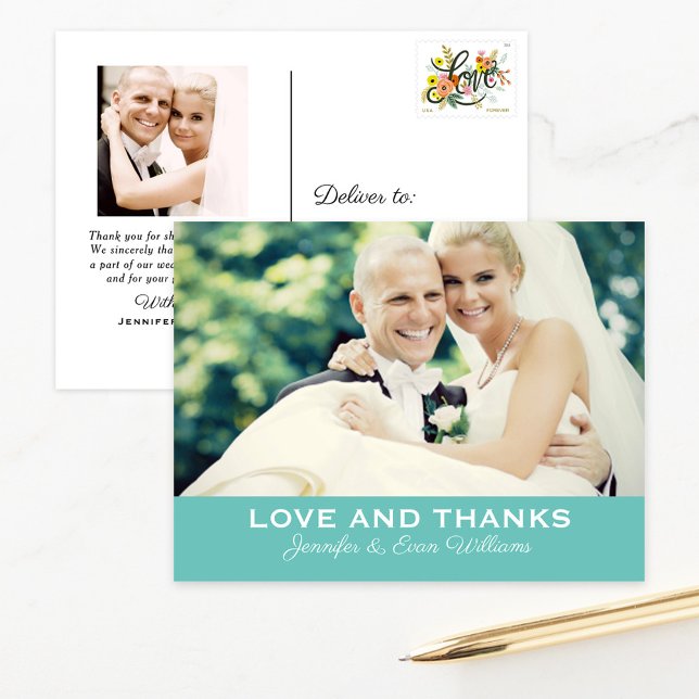 Liebe und Dank an Aqua Blue Wedding Monogram Foto Postkarte (Von Creator hochgeladen)