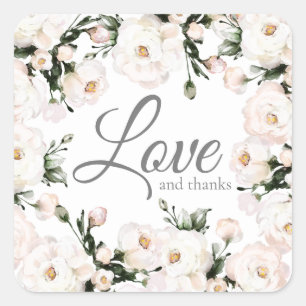 Liebe und Dank an die elegante White Roses Hochzei Quadratischer Aufkleber