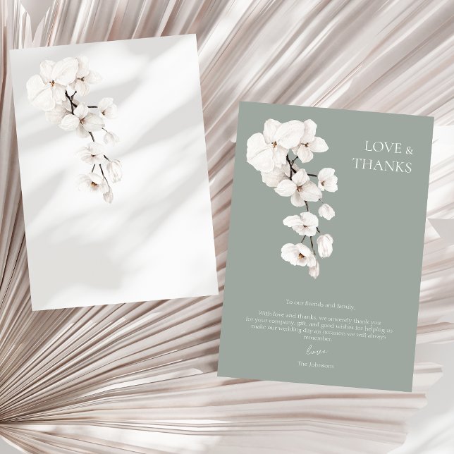 Liebe und Dank an Sage Green White Orchids Hochzei Dankeskarte (Modern Sage Green White Orchids Wedding Love and Thanks Card)