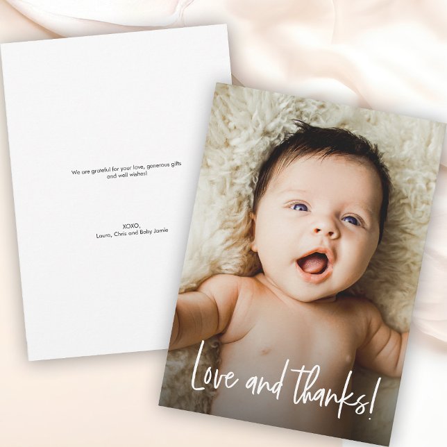 Liebe und Dank Baby Dusche Foto Dankeskarte (Customizable baby photo Love and thanks! baby shower thank you card.)