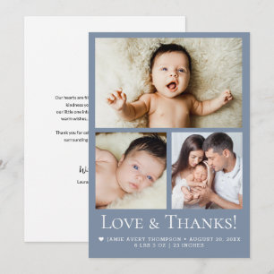 Liebe und Dank Baby Foto Blaue Geburtsanzeige Dankeskarte