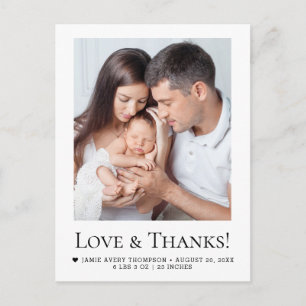 Liebe und Dank Baby-Foto Familienankündigung Postkarte