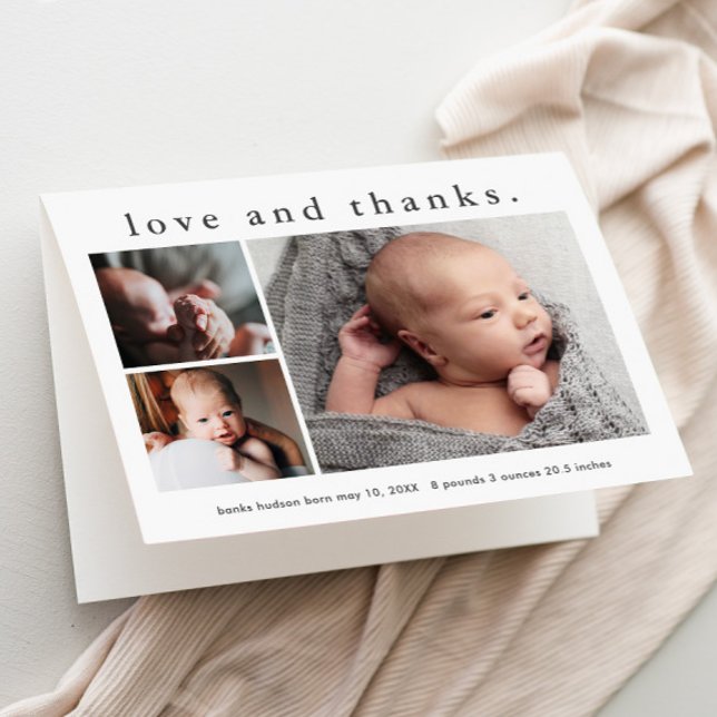 Liebe und Dank Baby Foto Geburtserklärung Dankeskarte (3 Photo Collage Folded Baby Thank You Card and Birth Announcement.)