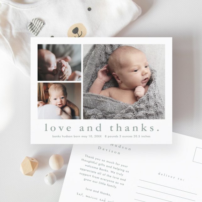 Liebe und Dank Baby Foto Geburtserklärung Postkarte (Simple typography love and thanks 3 photo collage baby neutral thank you card birth announcement.)