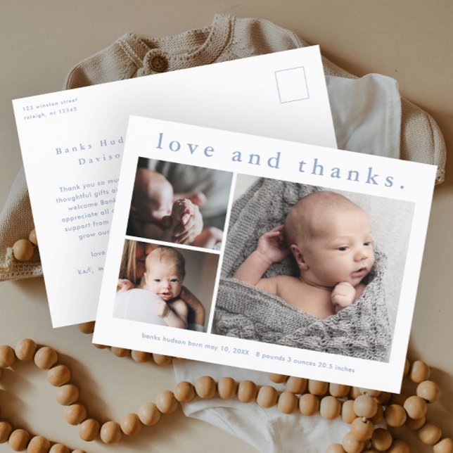 Liebe und Dank Baby Foto Geburtserklärung Postkarte (Simple typography 3 photo collage birth announcement baby thank you postcard.)