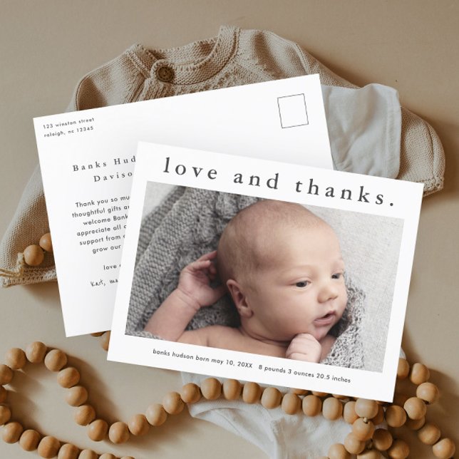 Liebe und Dank Baby Foto Geburtserklärung Postkarte (Simple Photo Baby Thank You Postcard and Birth Announcement.)