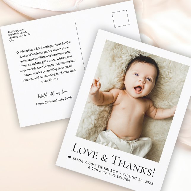 Liebe und Dank Baby Foto Geburtserklärung Postkarte (Love and thanks, Custom 1 photo baby thank you postcard)