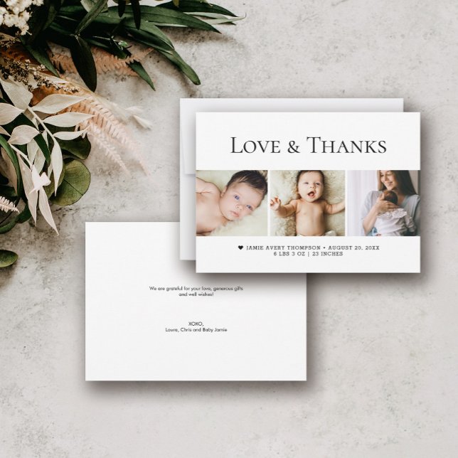Liebe und Dank Baby Fotos Minimale Geburt Dankeskarte (Love and thanks baby photos birth announcement shower thank you cards.)