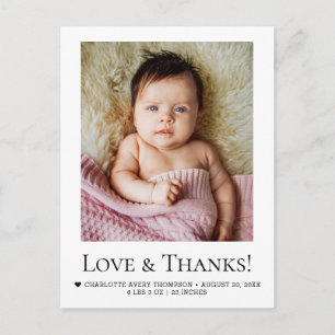 Liebe und Dank Baby Girl Foto Geburtsanzeige Postkarte