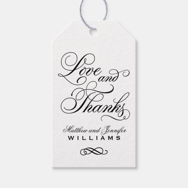 Liebe und Dank Black Calligraphy Wedgram Geschenkanhänger (Vorderseite)